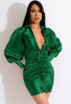 Spring Sexy Green Turndown Collar Ruffles Button Long Sleeve Bodycon Dress
