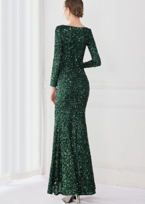 Winter Elegant Green Deep V Neck Long Sleeve Slit Cocktail Eevening Dress