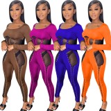 Spring Sexy Orange See Through Bandage Long Sleeve Top And Pant Wholesale Two Piece Clothing