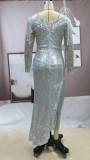 Spring Elegant Grey Sequins With Tassels Deep V Neck Long Sleeve Slit Eevening Dress