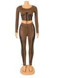 Spring Sexy Brown See Through Bandage Long Sleeve Top And Pant Wholesale Two Piece Clothing