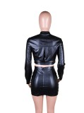 Spring Sexy Black Pu Leather Zipper Long Sleeve Crop Top And Mini Dress Wholesale 2 Piece Outfits