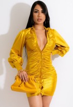 Spring Sexy Yellow Turndown Collar Ruffles Button Long Sleeve Bodycon Dress