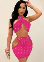 Spring Sxey Pink Rhinestone Crop Top And Briefs And Cut Out Mini Dress 3 Pieces Set