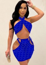 Spring Sxey Blue Rhinestone Crop Top And Briefs And Cut Out Mini Dress 3 Pieces Set
