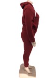 Winter Plus Size Sportwear Burgundy Print Long Sleeve Hoodies And Pant Wholesale Womens 2 Piece Sets