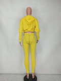 Fall Casual Yellow Puff Long Sleeve With Hoody Crop Top And Line Legging Tracksuit