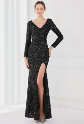 Winter Elegant Black Deep V Neck Long Sleeve Slit Cocktail Eevening Dress