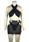 Spring Sxey Black Rhinestone Crop Top And Briefs And Cut Out Mini Dress 3 Pieces Set