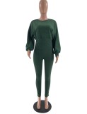 Winter Green Knitting Top And Pants Casual Two Piece Set