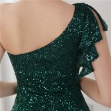 Summer Elegant Green One Shoulder Slit Cocktail Eevening Dress