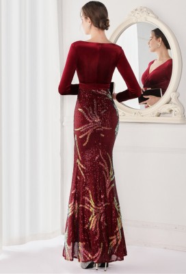 Winter Elegant Red Velvet With Sequins Deep V Neck Long Sleeve Slit Cocktail Eevening Dress