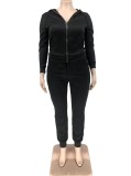 Winter Plus Size Sportwear Black Zipper Backside Print Long Sleeve Hoodies And Pant Wholesale 2 Piece Sets