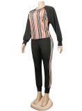 Winter Wholesale Womens Stripes Patch Black Long Sleeve Top And Pants Wholesale Womens 2 Piece Sets