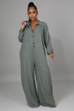 Spring Casual Grey Button Open Turndown Collar Long Sleeve Loose Jumpsuit