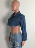 Winter Fashion Blue Ripped Button Long Sleeve Short Jeans Jacket
