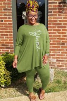 Spring Plus Size Casual Green Print Round Neck Long Sleeve Long Top And Pant Wholesale 2 Piece Sets