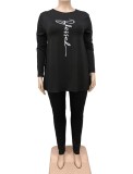 Spring Plus Size Casual Black Print Round Neck Long Sleeve Long Top And Pant Wholesale 2 Piece Sets
