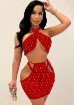 Spring Sxey Red Rhinestone Crop Top And Briefs And Cut Out Mini Dress 3 Pieces Set
