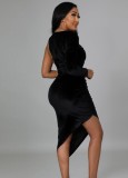 Spring Sxey Black Squins Cut Out One Shoulder Long Sleeve Ruffles Dress