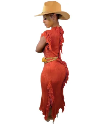 Winter Orange Sleeveless Fringe Sweater Dress