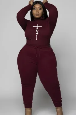 Winter Burguny Print Turtleneck Shirt and Pants Plus Size Two Piece Set