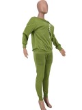 Winter Green Print Slash Shoulder Shirt and Pants Casual Two Piece Set