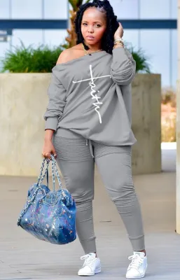 Winter Grey Print Slash Shoulder Shirt and Pants Casual Two Piece Set