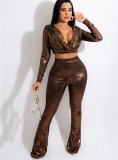 Winter Brown Sexy Deep-V Metallic Crop Top and Pants Two Piece Set