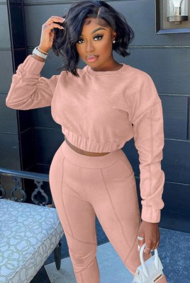 Winter Pink Long Sleeve Crop Top and Pants Two Piece Set