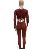 Spring Brown Sexy Cut Out Scrunch Long Sleeve Party Jumpsuit