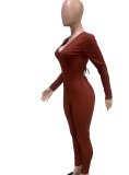 Spring Brown Sexy Cut Out Scrunch Long Sleeve Party Jumpsuit