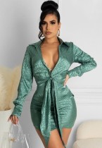Spring Green Leopard Print Deep-V Sexy Knotted Tight Blouse Dress