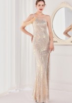 Summer Gold Sequin One Shoulder Slit Long Evening Dress