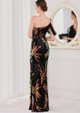 Summer Black Sequin One Shoulder Slit Long Evening Dress