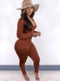 Spring Brown Sexy Cut Out Scrunch Long Sleeve Party Jumpsuit