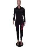 Spring Black Print Tight Hoody Two Piece Pant Set Tracksuit