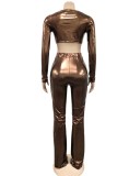Winter Brown Sexy Deep-V Metallic Crop Top and Pants Two Piece Set