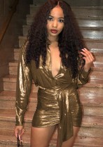 Spring Gold Deep-V Sexy Metallic Long Sleeve Mini Club Dress