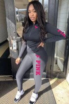 Spring Black Print Tight Hoody Two Piece Pant Set Tracksuit