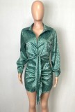 Spring Green Leopard Print Deep-V Sexy Knotted Tight Blouse Dress