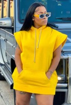 Spring Yellow Pocketed Sleeveless Hoody Sweatshirt Dress