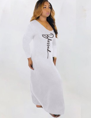 Spring White Letter Print V-Neck Full Sleeve Long Shirt Dress