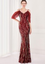Summer Red Sequin Strap Mermaid Long Evening Dress