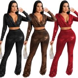Winter Red Sexy Deep-V Metallic Crop Top and Pants Two Piece Set