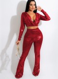 Winter Red Sexy Deep-V Metallic Crop Top and Pants Two Piece Set