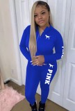 Spring Blue Print Tight Hoody Two Piece Pant Set Tracksuit