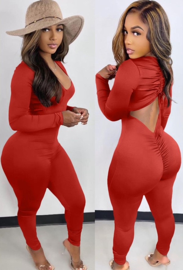 Spring Red Sexy Cut Out Scrunch Long Sleeve Party Jumpsuit