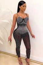 Spring Black Beading Sexy Strap Party Jumpsuit
