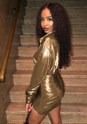 Spring Gold Deep-V Sexy Metallic Long Sleeve Mini Club Dress